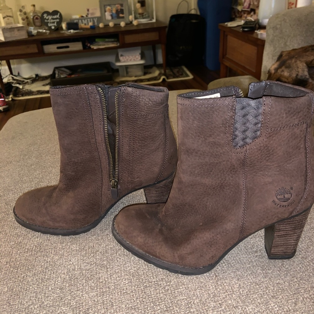 Brown Timberland waterproof heeled boot